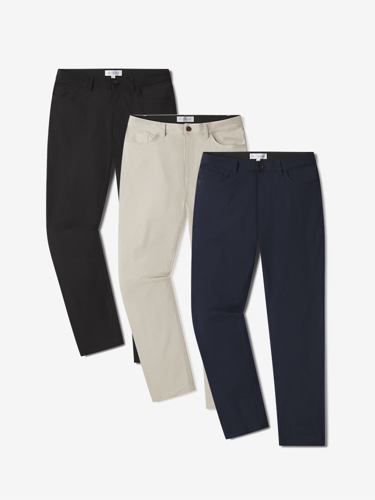 Men wearing Navy/Stone/Black 5 Pocket Travel Pants 3-Pack