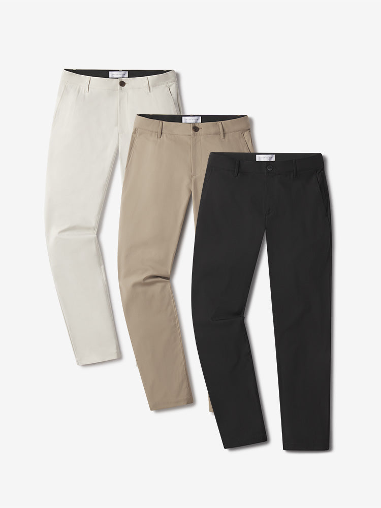 Men wearing Stone/Khaki/Black 5 Pocket Travel Pants 3-Pack