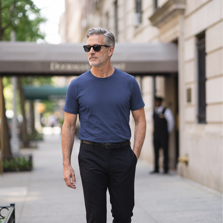 Men wearing Baltic Blue Classic Crew Driggs Tee