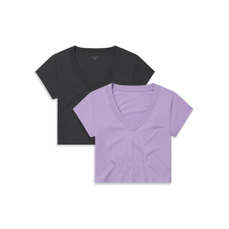 Women wearing Lilac/Vintage gray Everyday Cotton Deep V-Neck Tee 2-Pack