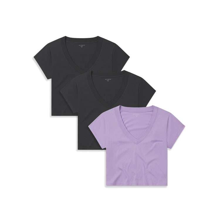 Women wearing 2 Vintage Gray/Lilac Everyday Cotton Deep V-Neck Tee 3-Pack