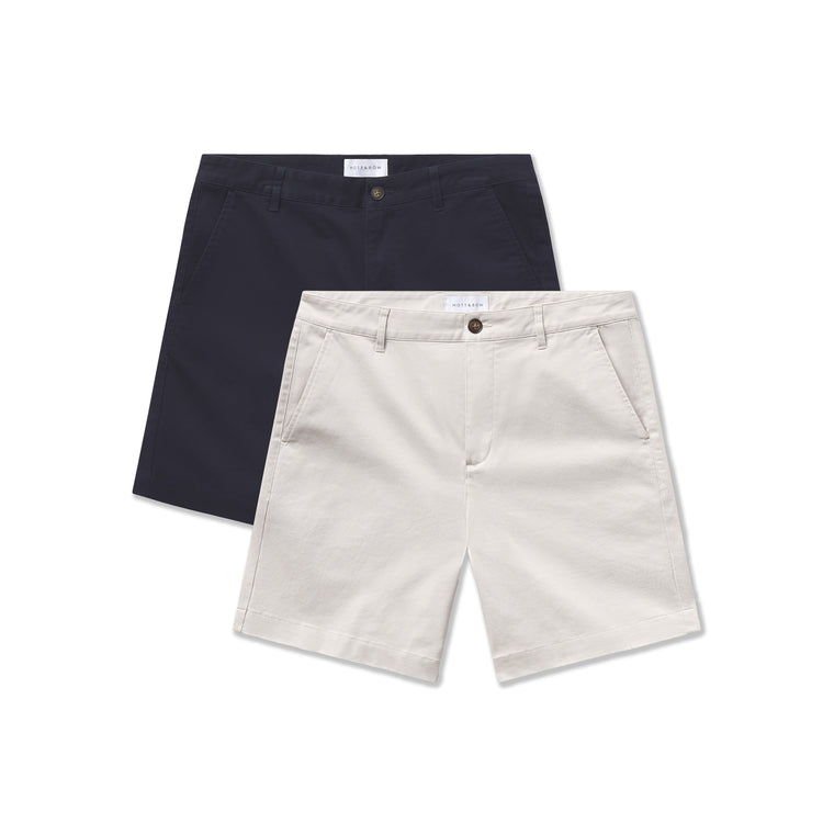 Men wearing Sand/Navy Stretch Chino Short 2-Pack