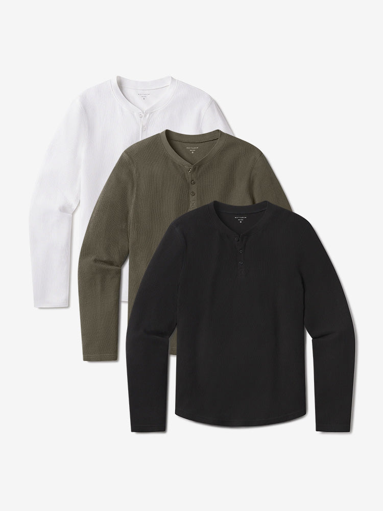 Men wearing White/Dark Moss/Black Cotton Waffle Curved Hem Henley 3-Pack