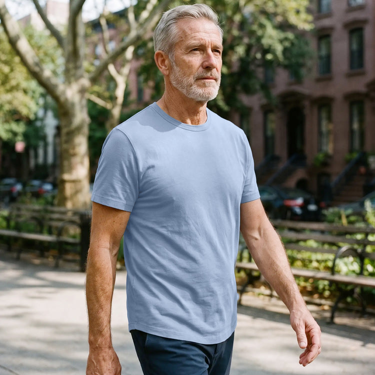 Men wearing California Blue Classic Crew Driggs Tee