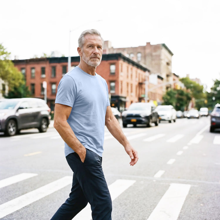 Men wearing California Blue Classic Crew Driggs Tee