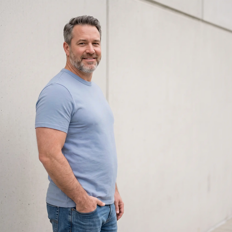 Men wearing California Blue Classic Crew Driggs Tee