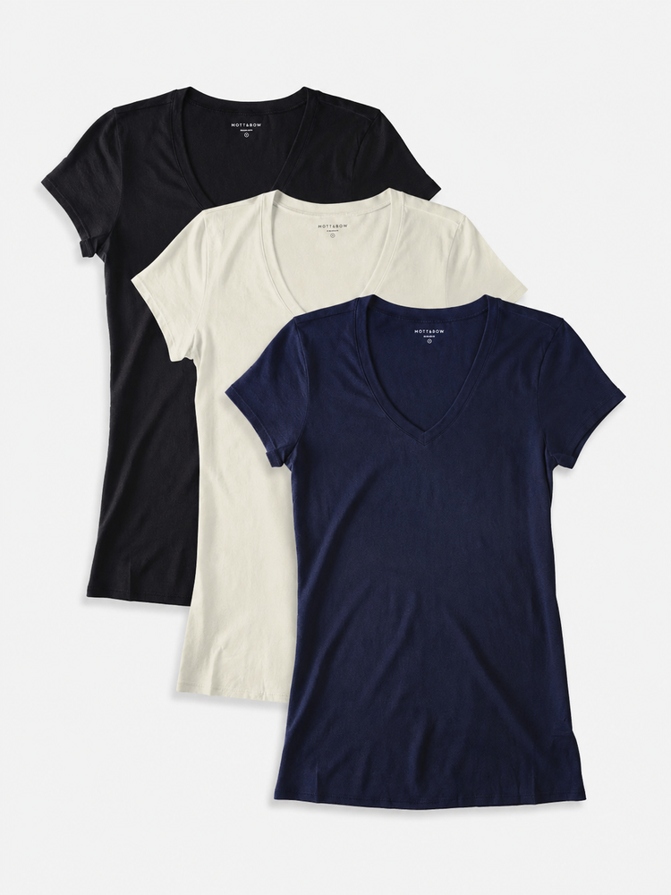 Women wearing Vintage White/Black/Navy Fitted V-Neck Marcy 3-Pack