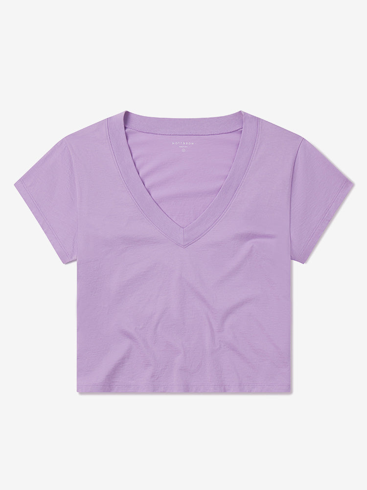 Women wearing Lila Cotton Boxy Deep V-Neck Tee