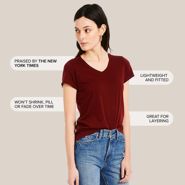 Women wearing Carmesí Fitted V-Neck Marcy Tee