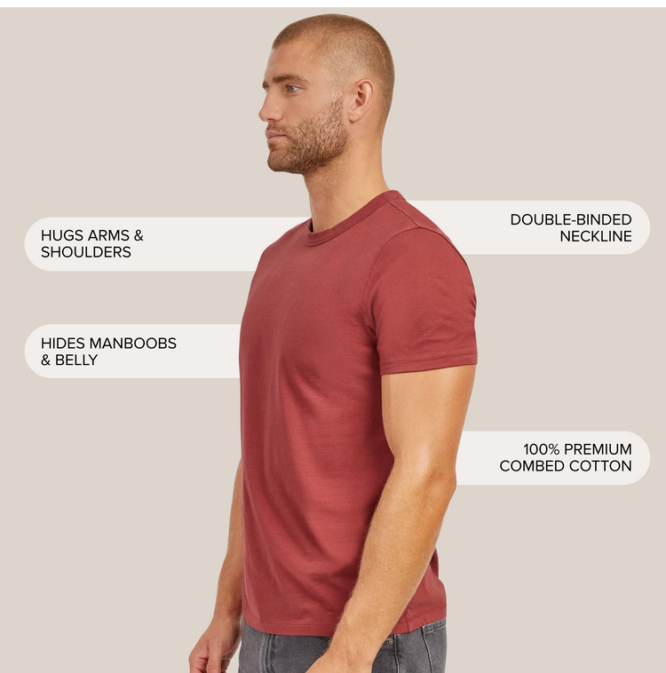 Men wearing Rojo ladrillo Classic Crew Driggs Tee