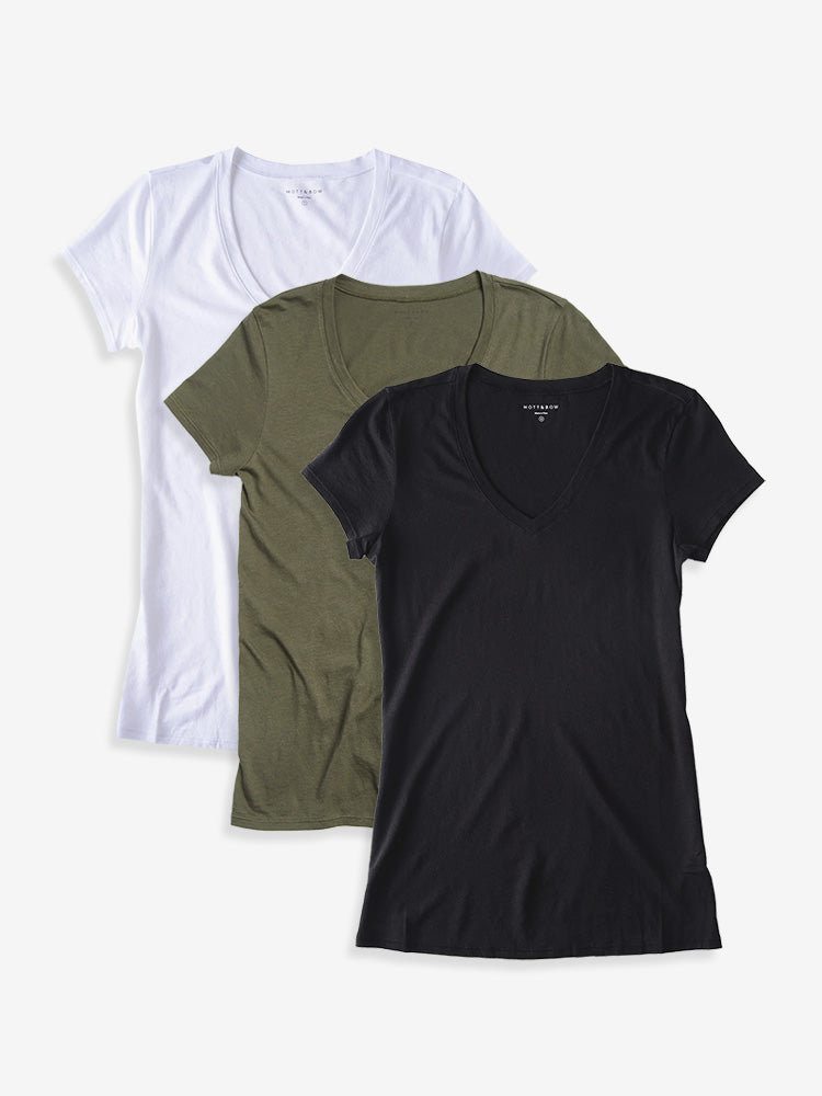Women wearing Black/White/Military Green Fitted V-Neck Marcy 3-Pack
