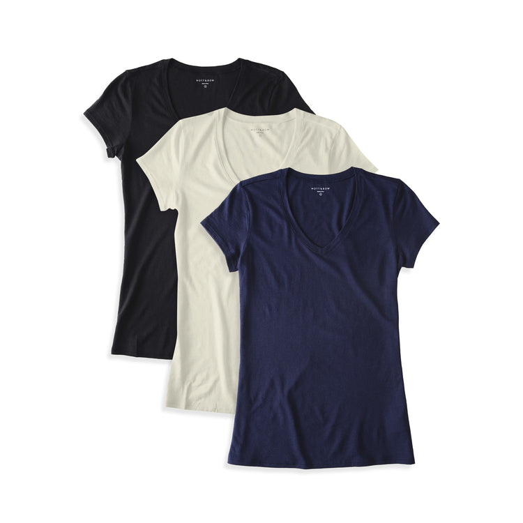 Women wearing Vintage White/Black/Navy Fitted V-Neck Marcy 3-Pack