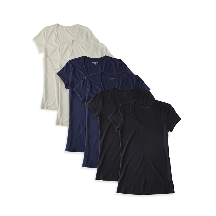 Women wearing Black/Navy/Vintage White Fitted V-Neck Marcy 6-Pack