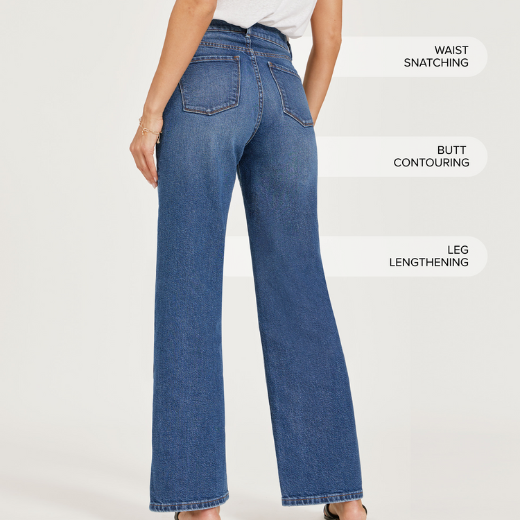Women wearing Medium/Dark Blue High Rise Wide Leg Gilmore