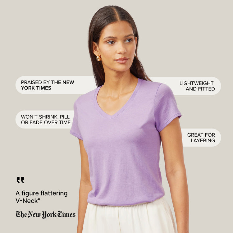 Women wearing Lilac Fitted V-Neck Marcy Tee