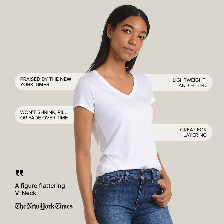Women wearing White Fitted V-Neck Marcy Tee