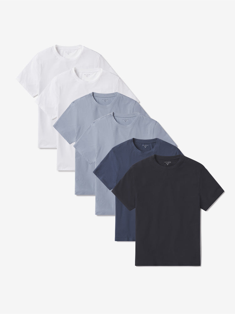 Men wearing White/White/California Blue/California Blue/Graphite Blue/Navy Luxe Stretch Tee 6-Pack