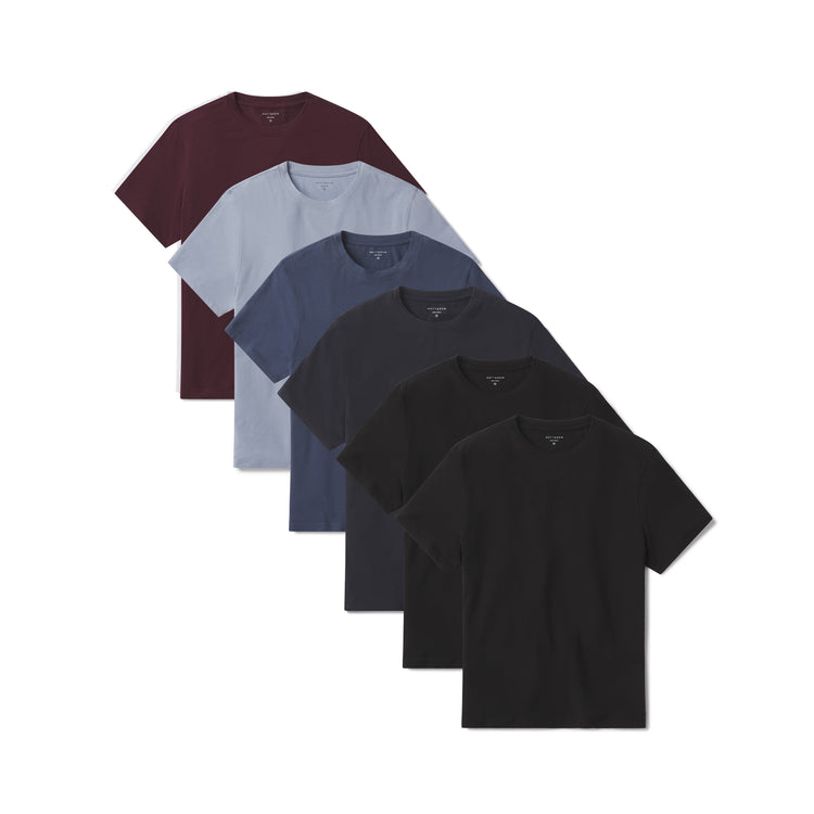 Men wearing California Blue/Graphite Blue/Navy/Maroon/Black/Black Luxe Stretch Tee 6-Pack