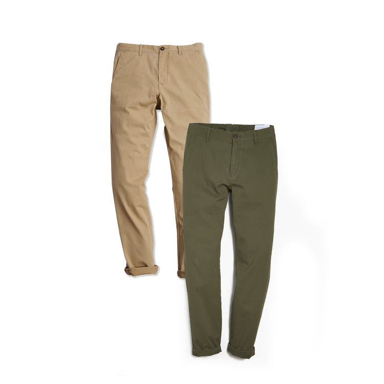 Men wearing Khaki/Green Everyday Comfort Slim Chino Pants 2-Pack