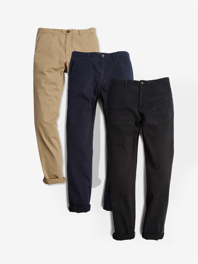 Men wearing Khaki/Black/Navy Everyday Comfort Slim Chino Pants 3-Pack