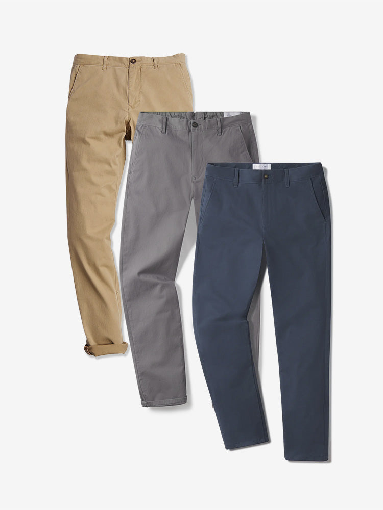 Men wearing Khaki/Riverside/Gray Everyday Comfort Slim Chino Pants 3-Pack