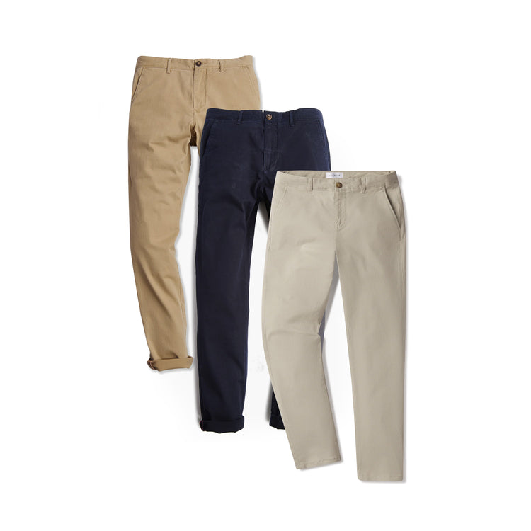 Men wearing Navy/Khaki/Ecru Everyday Comfort Slim Chino Pants 3-Pack