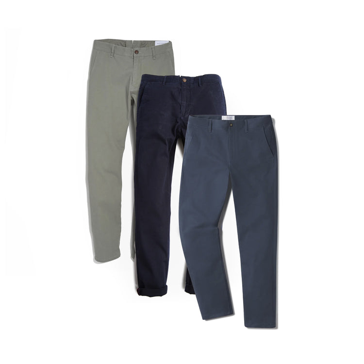 Men wearing Navy/Riverside/Light Gray Everyday Comfort Slim Chino Pants 3-Pack