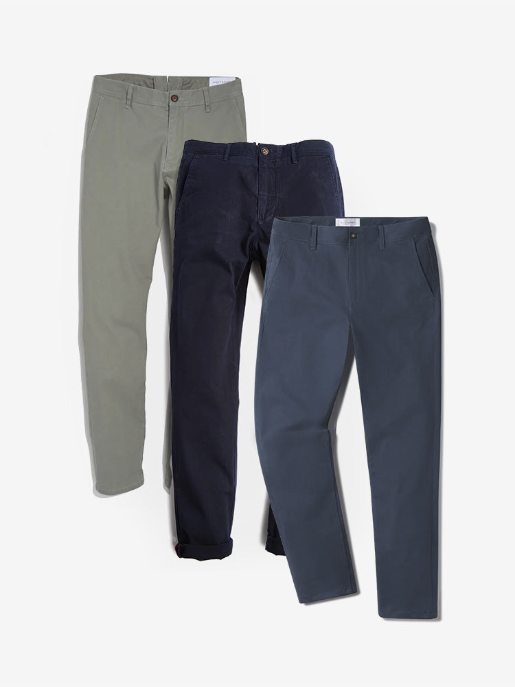 Men wearing Navy/Riverside/Light Gray Everyday Comfort Slim Chino Pants 3-Pack