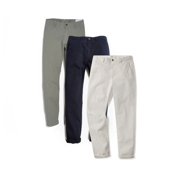 Men wearing Light Gray/Navy/Beige Everyday Comfort Slim Chino Pants 3-Pack