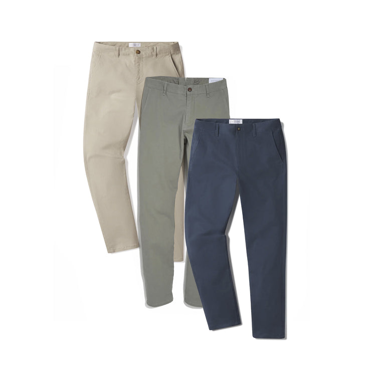 Men wearing Light Gray/Riverside/Ecru Everyday Comfort Slim Chino Pants 3-Pack