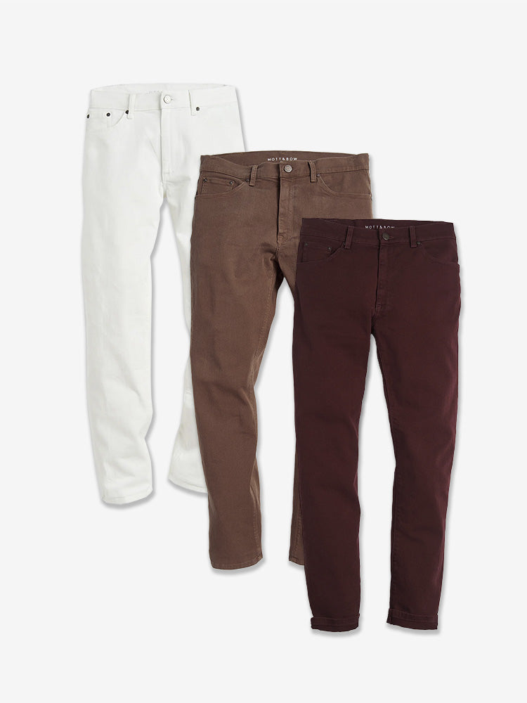 Men wearing Clay/Burgundy/Bone Slim Mercer Jeans 3-Pack