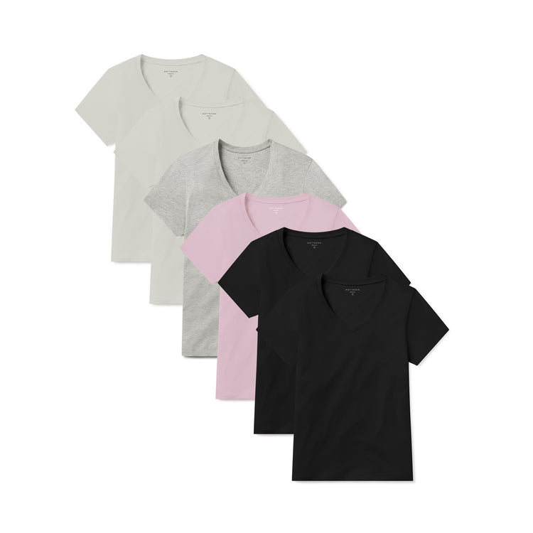 Women wearing Vintage White/Black/Heather Gray/Rose Pink Fitted V-Neck Marcy 6-Pack