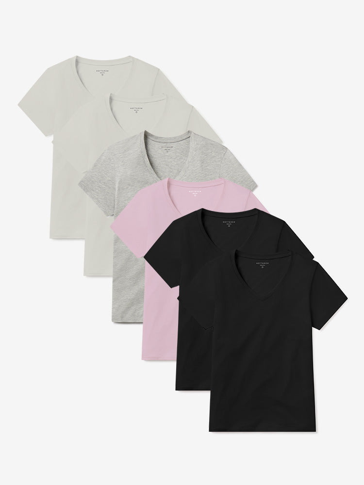 Women wearing Vintage White/Black/Heather Gray/Rose Pink Fitted V-Neck Marcy 6-Pack
