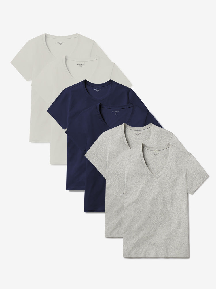 Women wearing Vintage White/Navy/Heather Gray Fitted V-Neck Marcy 6-Pack