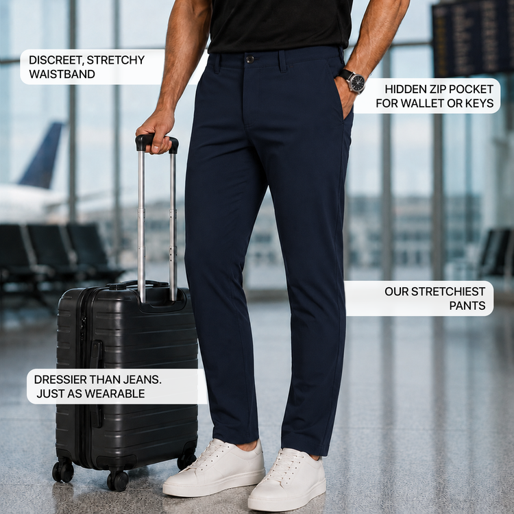 Men wearing Navy 5 Pocket Travel Pants