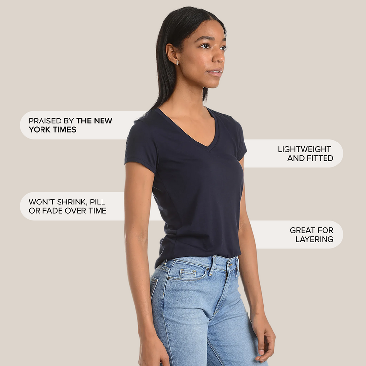 Women wearing Azul marino Fitted V-Neck Marcy Tee