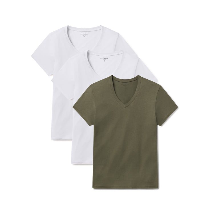 Women wearing White/White/Military Green Relaxed V-Neck Marcy Tee 3-Pack