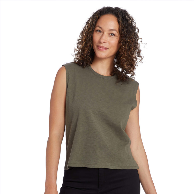 Women wearing Vert Militaire Relaxed Slub Tank