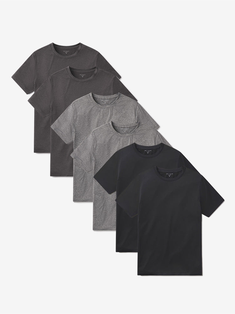 wearing Black Heather/Charcoal Heather/Heather Gray Tech Tee 6-Pack