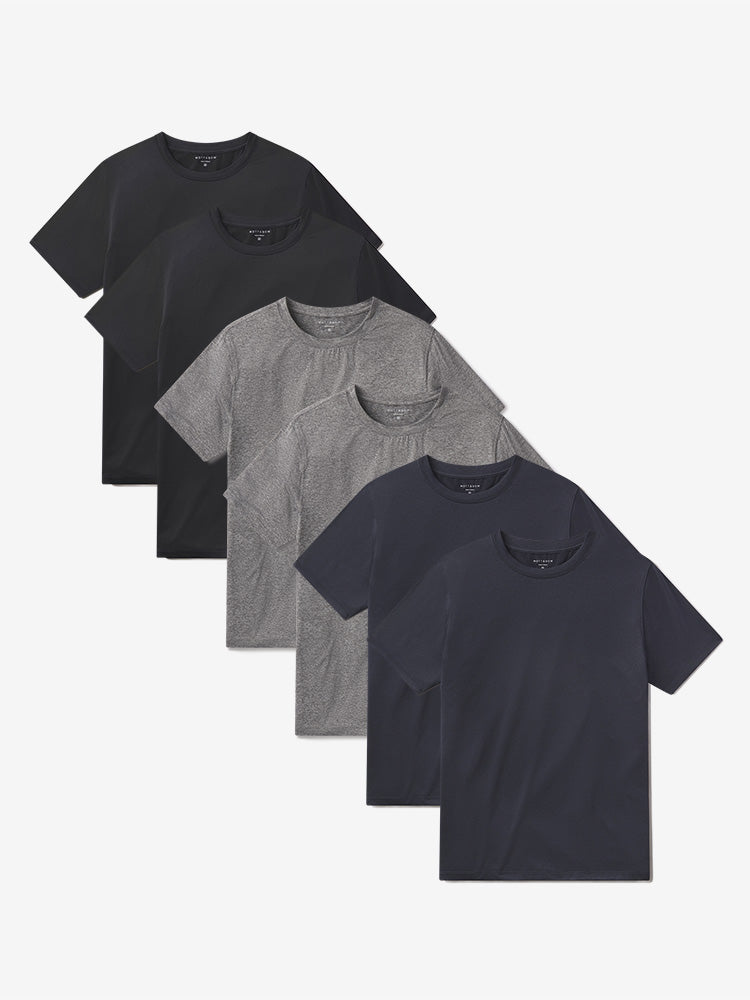 wearing Heather Gray/Black Heather/Navy Heather Tech Tee 6-Pack