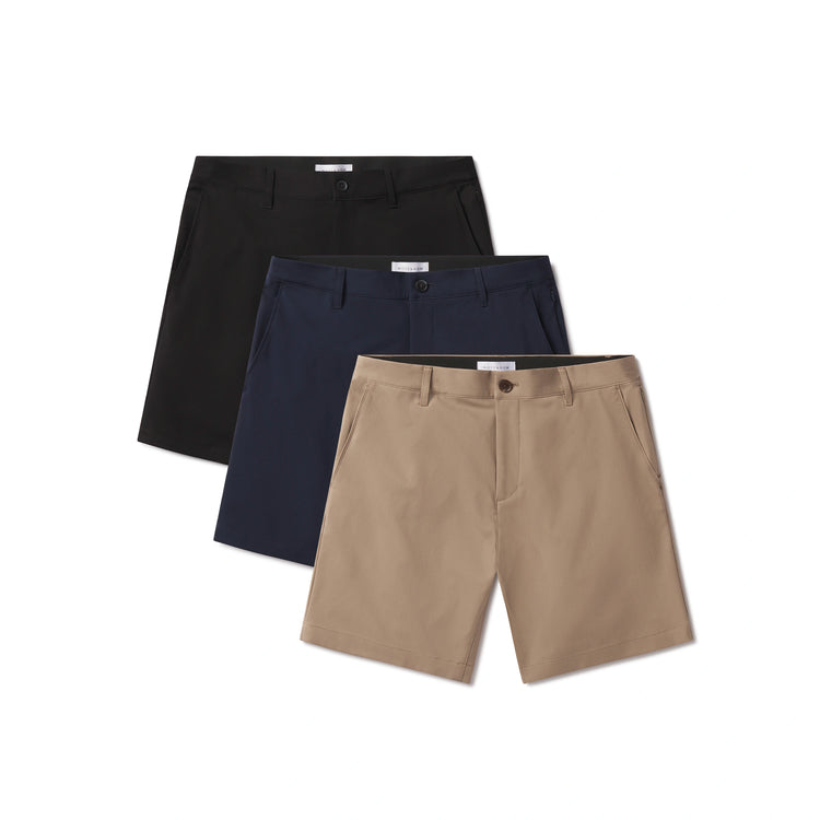 Men wearing Khaki/Navy/Black Tech Short 3-Pack