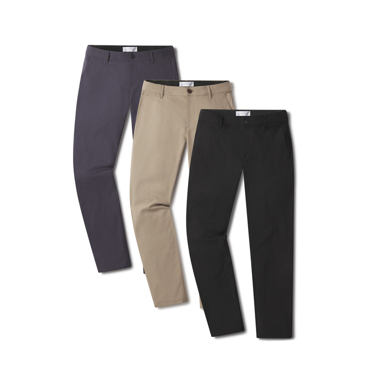 wearing Black/Granite/Khaki Slim Tech Pants 3-Pack