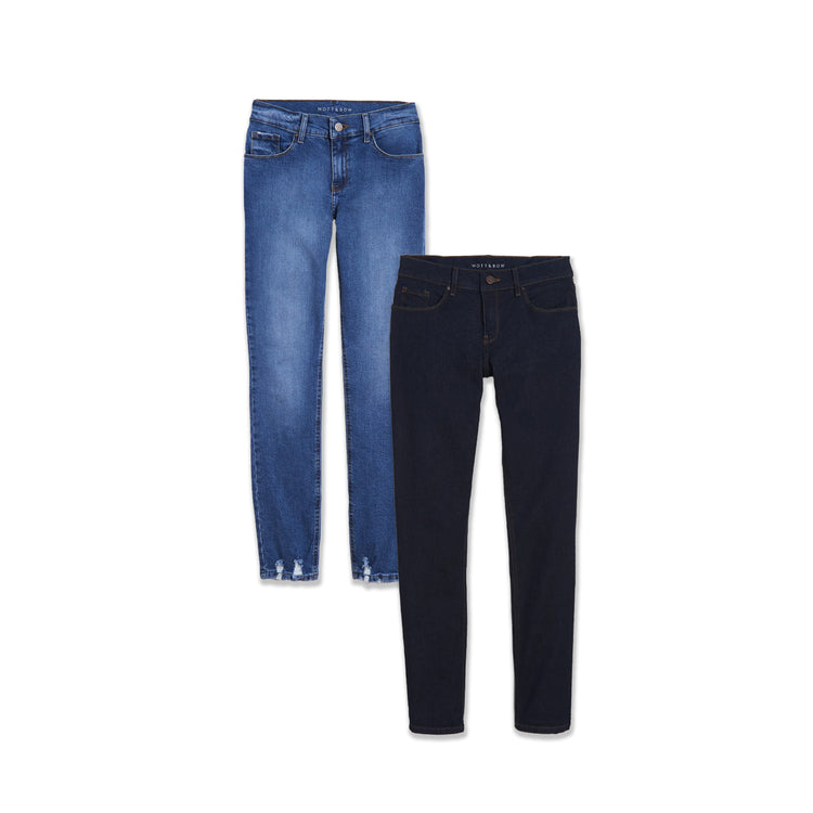 Women wearing Light/Medium Blue / Dark Blue Slim Straight Travel Stretch Jeans 2-Pack
