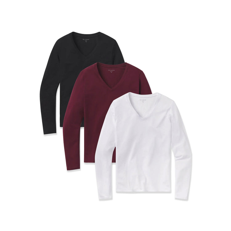 Women wearing White/Black/Crimson Long Sleeve V-Neck Tee Marcy 3-Pack