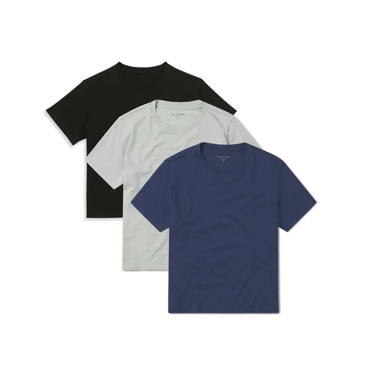 Women wearing Venice Blue/Honeydew/Black Everyday Cotton Crew Tee 3-Pack