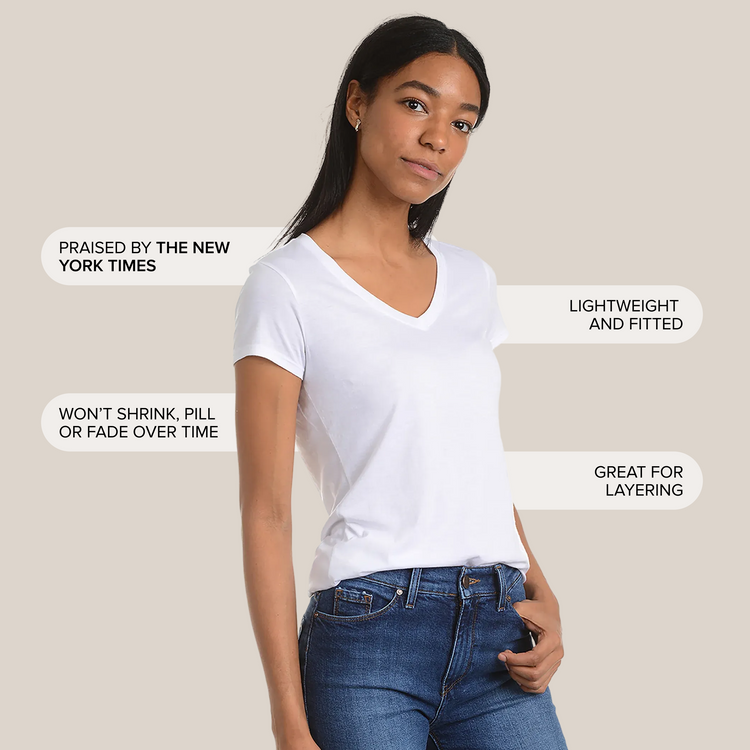 Women wearing Blanco Fitted V-Neck Marcy Tee