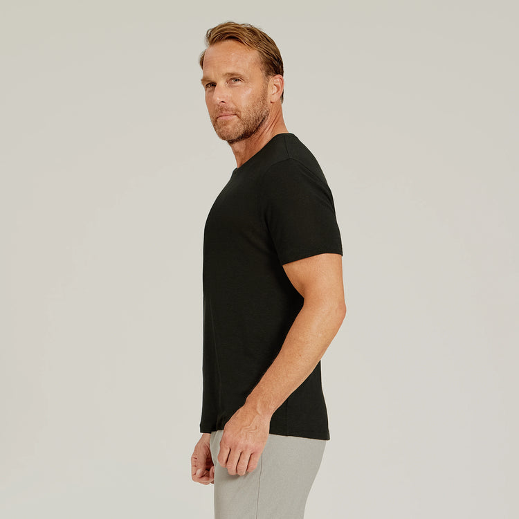 Men wearing Black Linen Blend Crew Tee