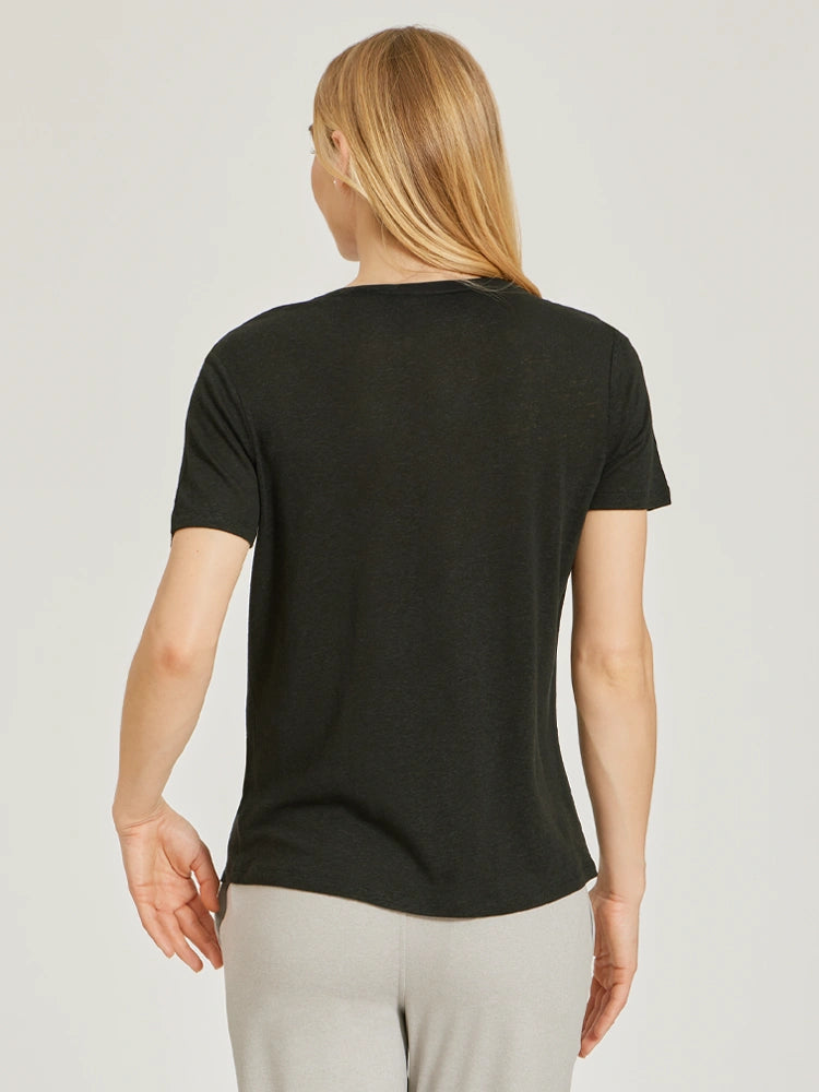 Women wearing Black Relaxed Linen Blend V-Neck Tee