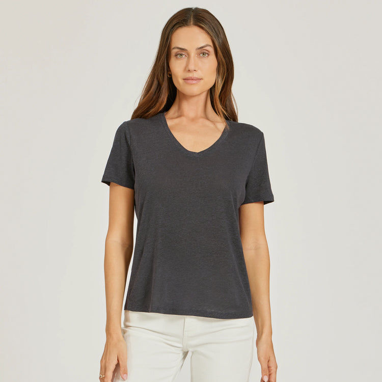 Women wearing Dark Gray Relaxed Linen Blend V-Neck Tee