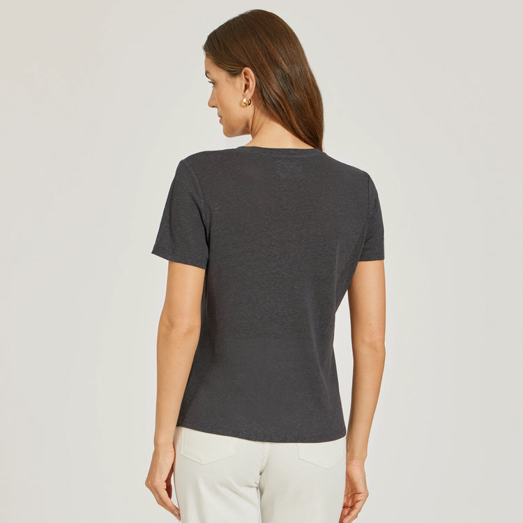 Women wearing Dark Gray Relaxed Linen Blend V-Neck Tee